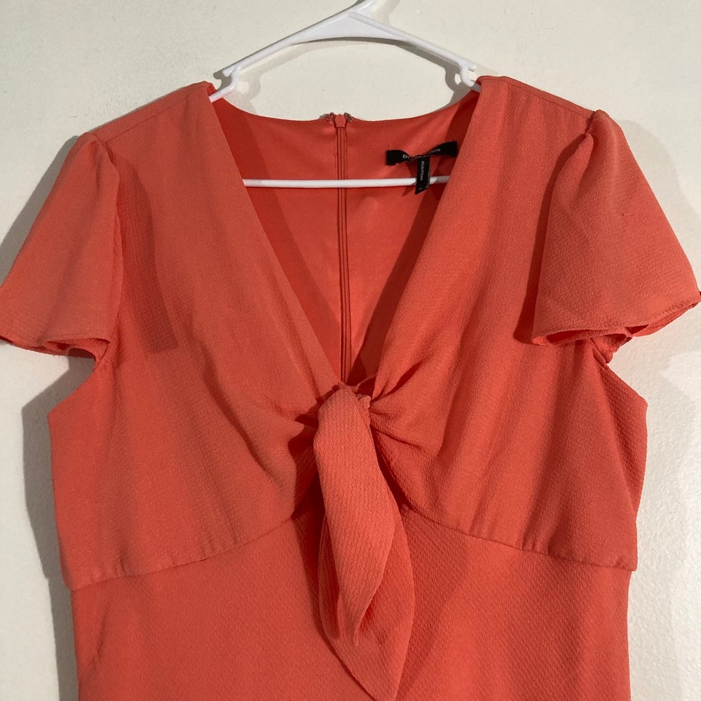 BCBG Paris Tie Front Midi Dress Womens Medium Coral Pink Short Sleeve - Picture 5 of 12
